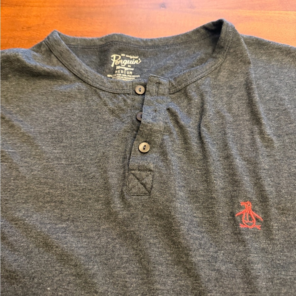 Original Penguin Charcoal Henley Tee with Red Logo